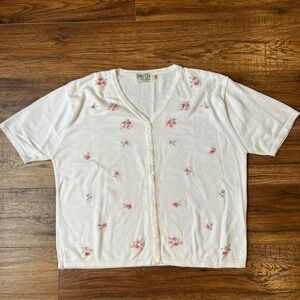 Vintage Cottagecore Ivory Short Sleeve Cardigan Pink Floral Embroidery Women M